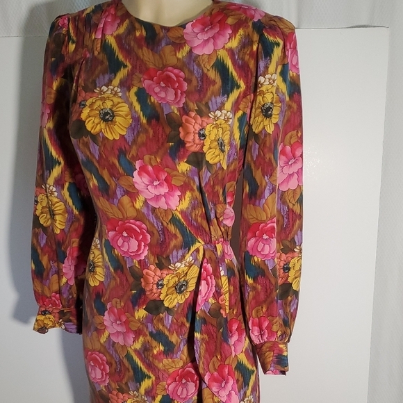 Vintage 80s Pat Argenti 100%Silk Dress 12 Pink Floral Long Sleeve Sheath Y2K - Picture 2 of 15